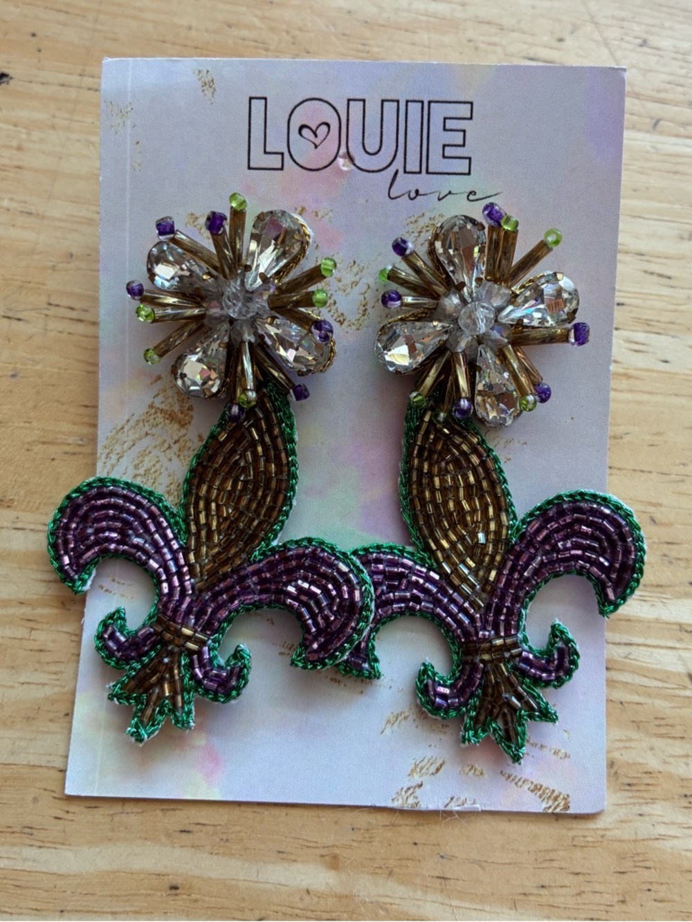 Louie Love Fleur-de-Lis Beaded Mardi Gras Statement Earrings